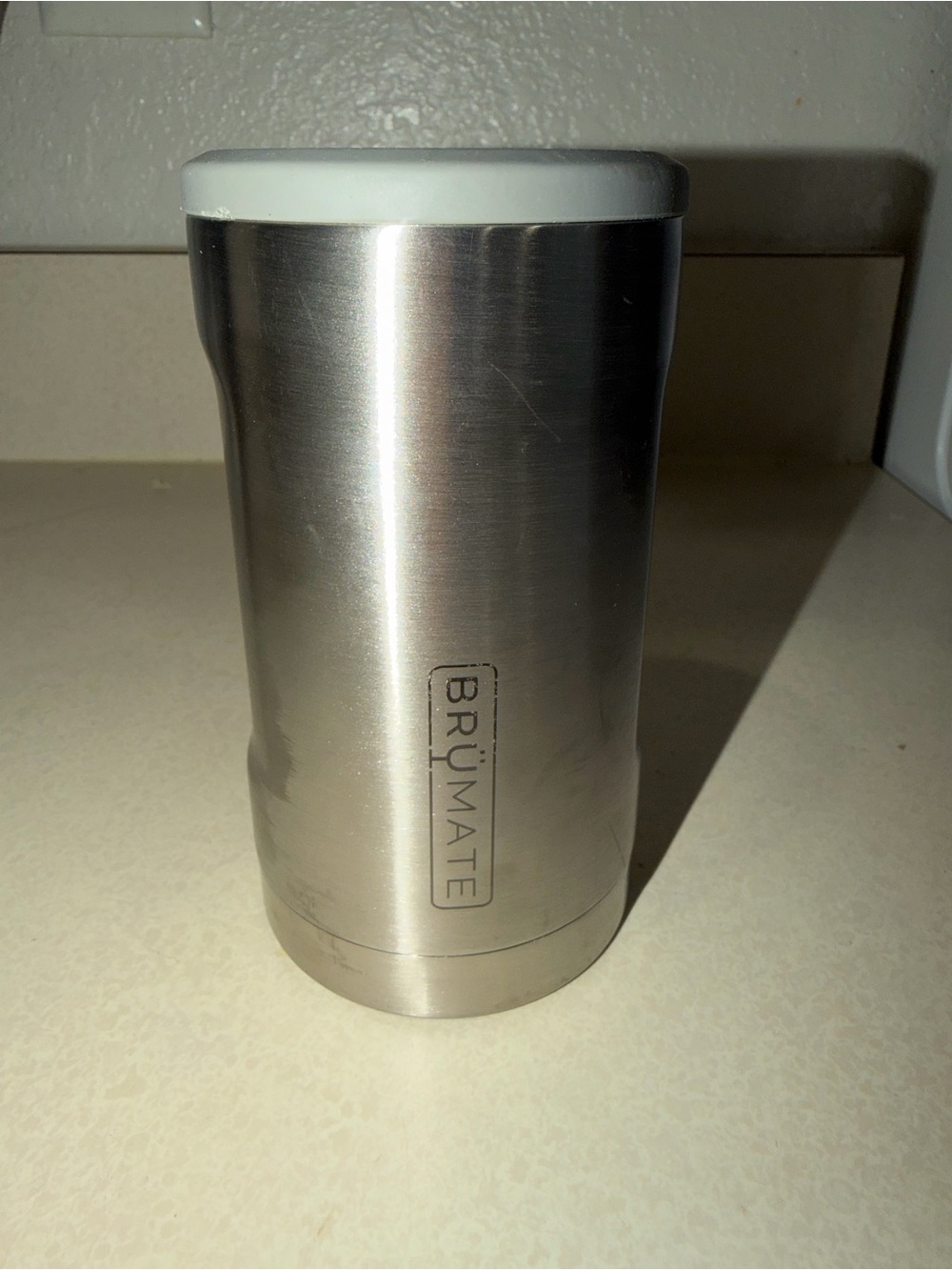 BrüMate Stainless Steel Can Cooler with White Lid